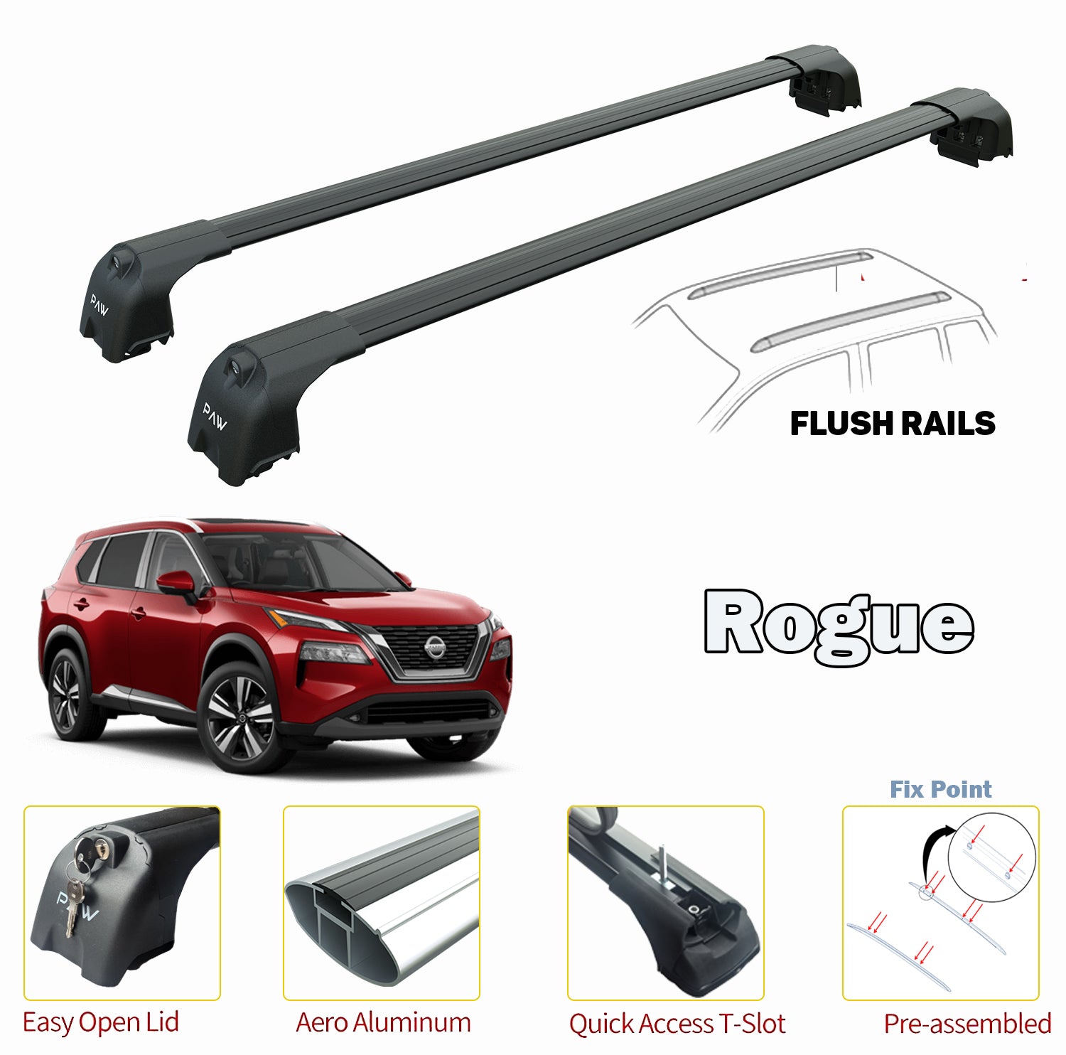 Nissan Rogue Roof Rack Cross Bars For of Flush Bars 2022--> Black Color Nissan Rogue Roof Rack Cross Bars For of Flush Bars 2022--> Black Color